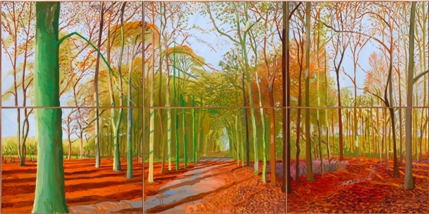 David Hockney RA: A Bigger Picture - David Hockney, Woldgate Woods, 21, 23 & 29 November 2006, 2006. Oil on 6 canvases, Courtesy of the Artist, Copyright David Hockney. Photo credit: Richard Schmidt