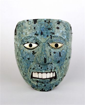 Moctezuma: Aztec Ruler - Turquoise Mosaic Mask, AD 1400-1521 © The Trustees of the British Museum. Photo: James Rossiter