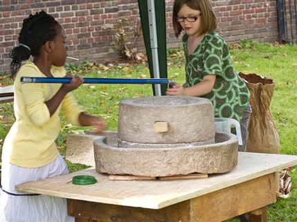 Fortrose Gardens - Working the hand mill, photo by Owen Llewellyn Fortrose Gardens - Working the hand mill, photo by Owen Llewellyn