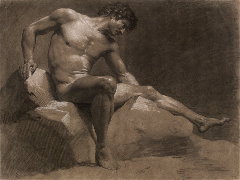 The Male Nude: Eighteenth-Century Drawings From The Paris Academy - Jean-Baptiste Isabey, Seated man leaning on his right arm, 1789